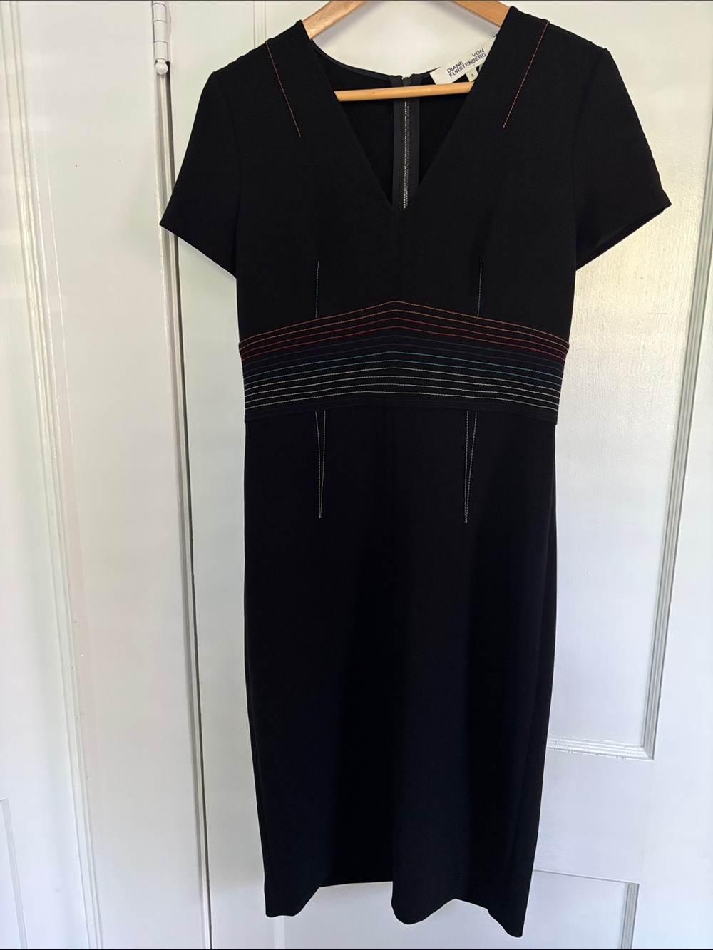 Diane Von Furstenberg Black V-Neck Midi Dress with Multicolor Waist Stitching